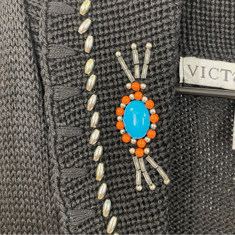 Vintage Victoria Jones Black Knit Southwest Beaded Long Sleeveless Cardigan - Picture 2 of 8